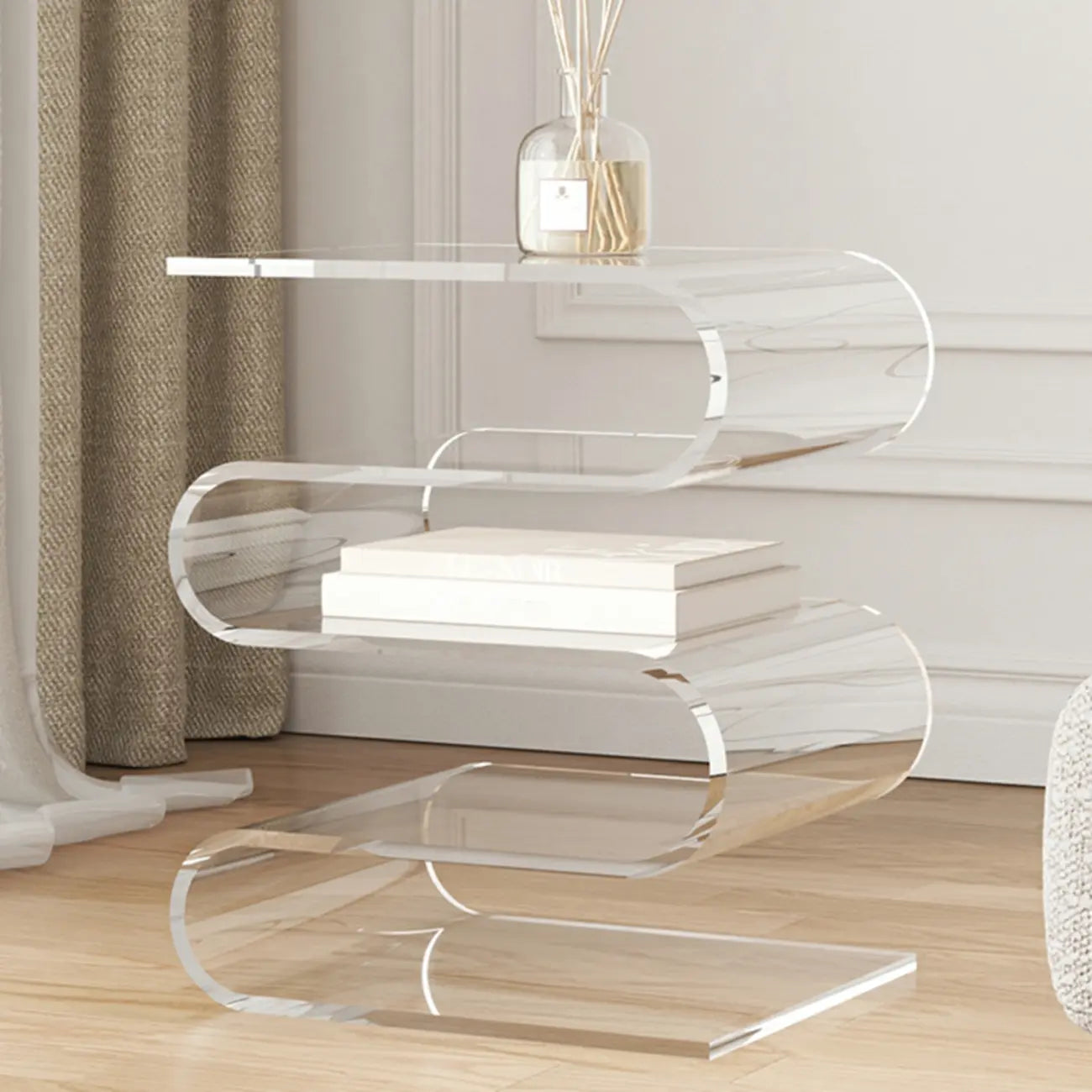 Table d'appoint contemporaine en acrylique en forme de S avec rangement