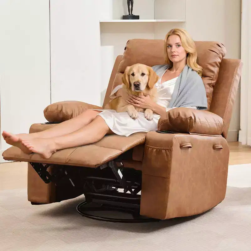 Fauteuil inclinable surdimensionné 360 pivotant et berçant avec massage et chaleur - Fauteuil de salon ergonomique avec porte-gobelets, poches latérales pour salon, chambre de bébé