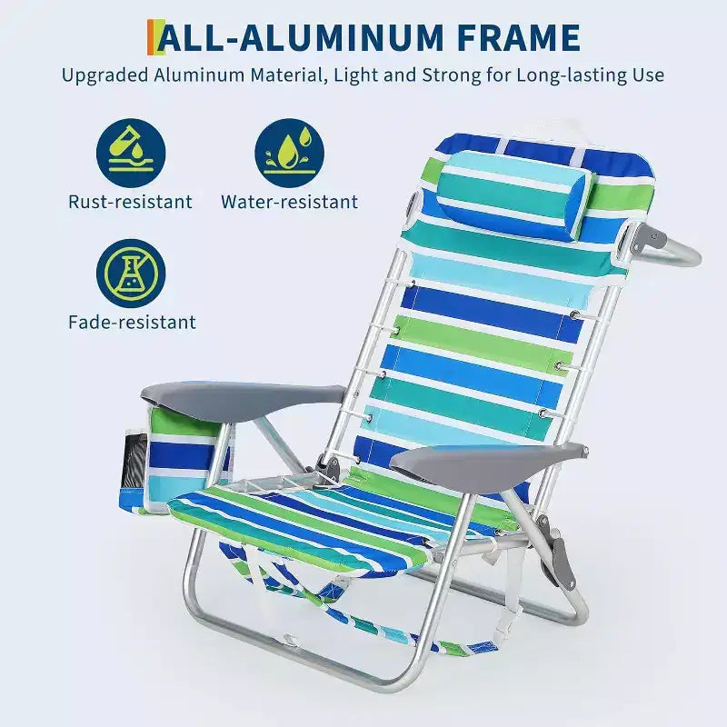 Acekool Lot de 2 chaises de plage légères pliables à 5 positions pour adultes avec sangles, porte-gobelet et barre à serviettes, supporte 136 kg