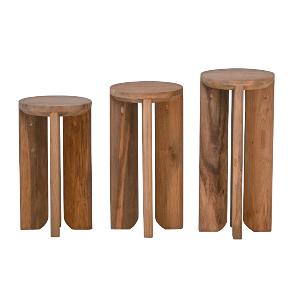 Rustic Teak Side Table with Reclaimed, Round | Set of 3